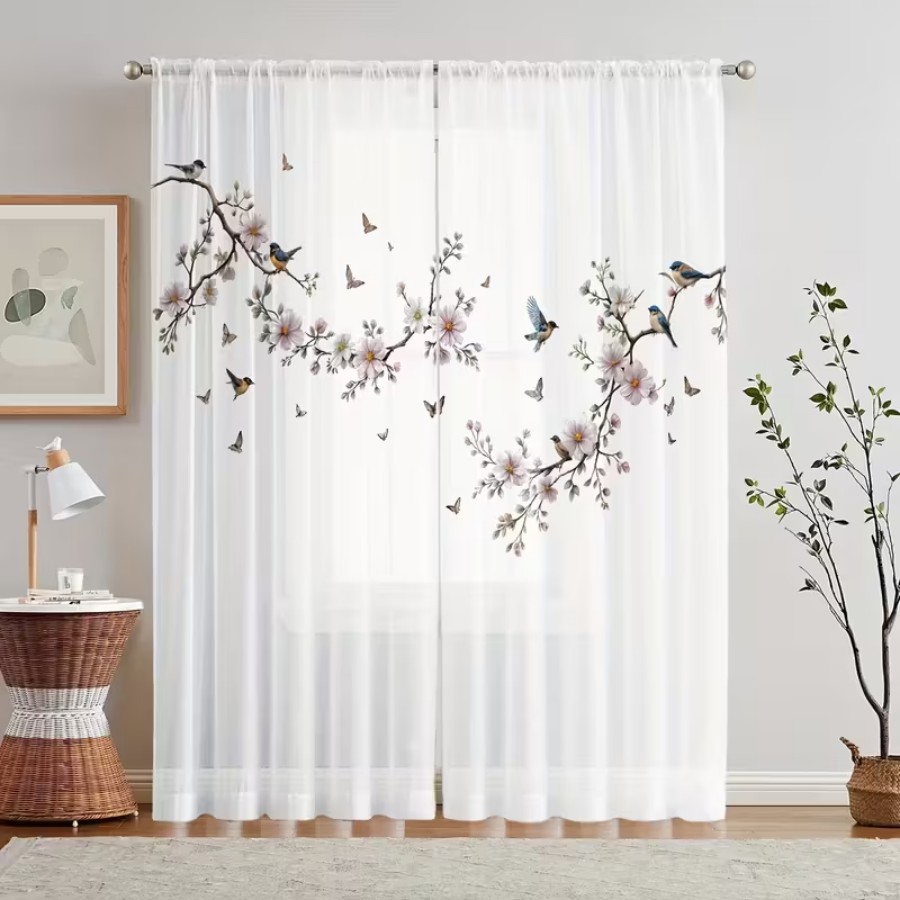 Bonsai Garden Decor - 2PCS Digital Print Sheer Curtain, Flower